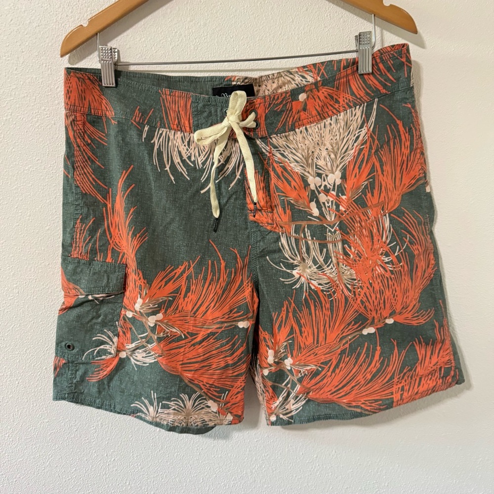 Brixton Board Shorts Green Orange Palm Print Drawstring Waist 18” Outseam-36